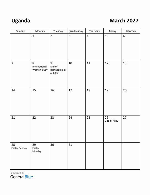 March 2027 Calendar with Uganda Holidays