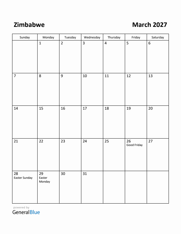 March 2027 Calendar with Zimbabwe Holidays