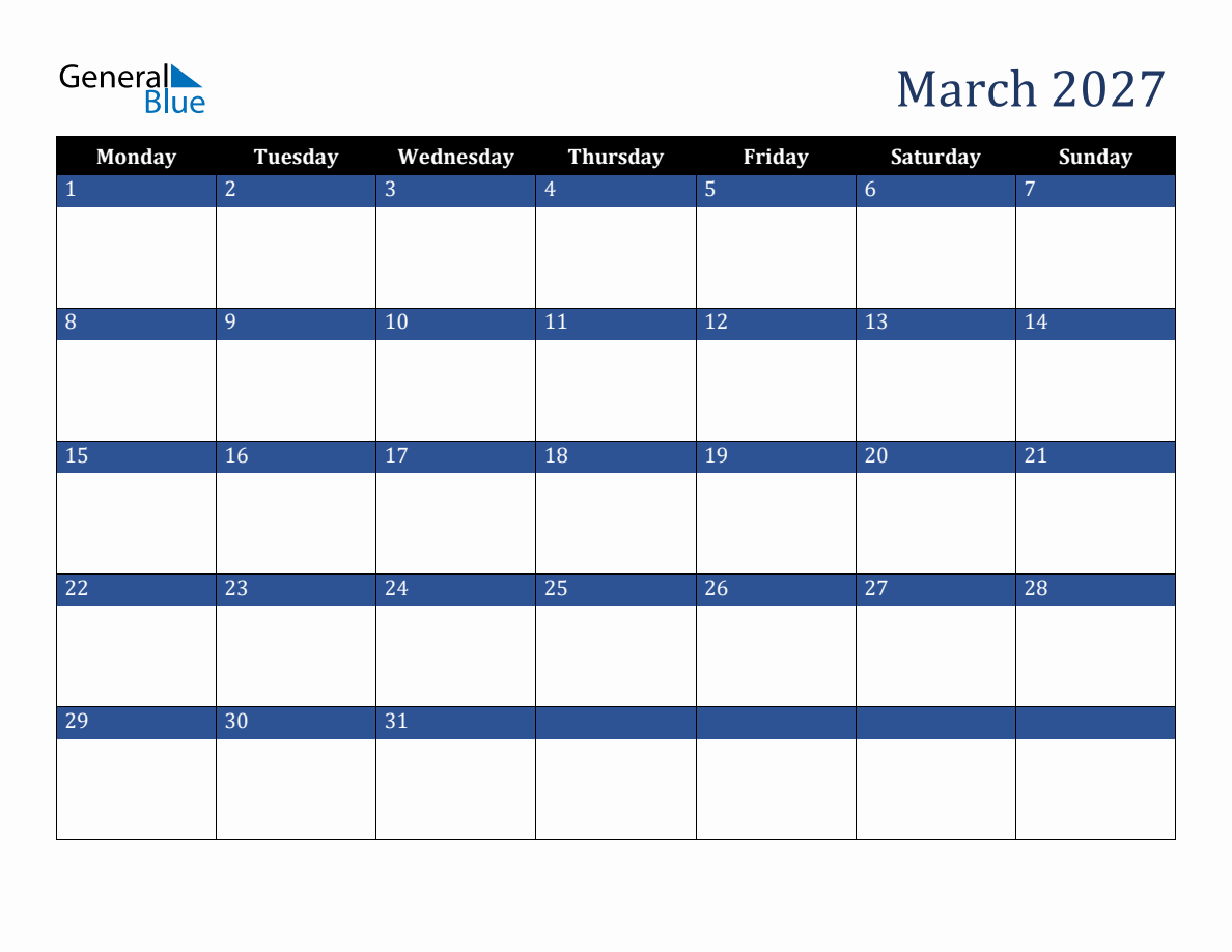 March 2027 Downloadable Monday Start Calendar