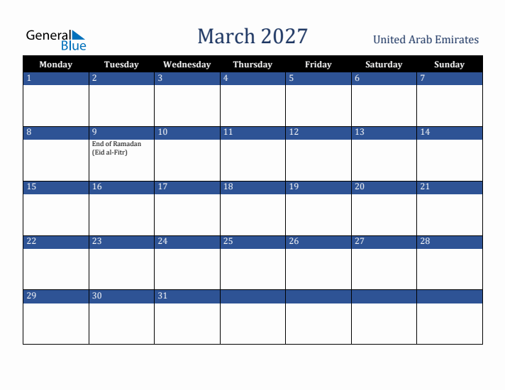 March 2027 United Arab Emirates Calendar (Monday Start)