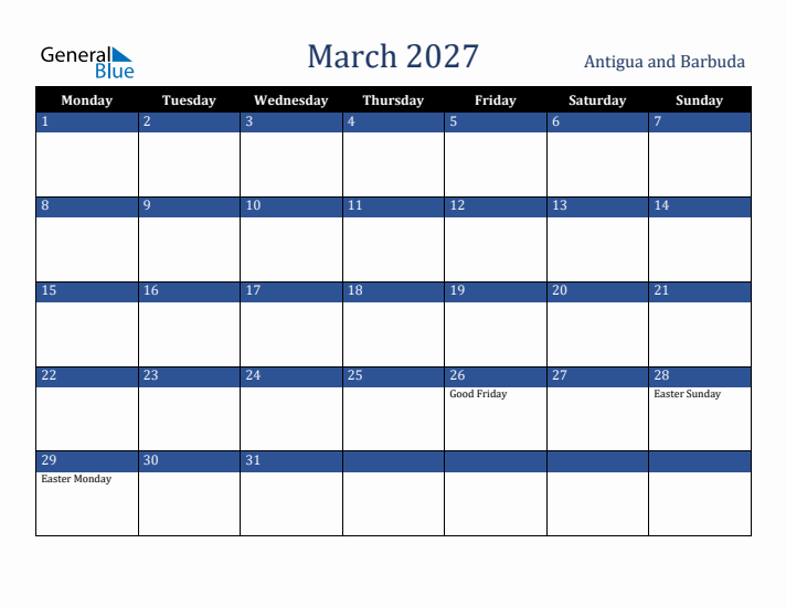 March 2027 Antigua and Barbuda Calendar (Monday Start)