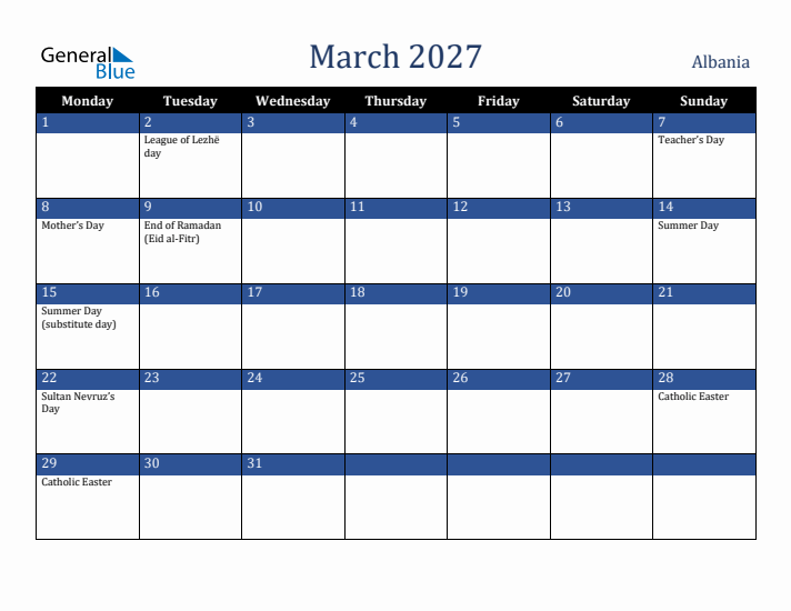 March 2027 Albania Calendar (Monday Start)