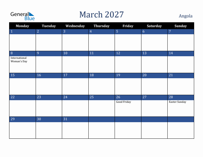 March 2027 Angola Calendar (Monday Start)