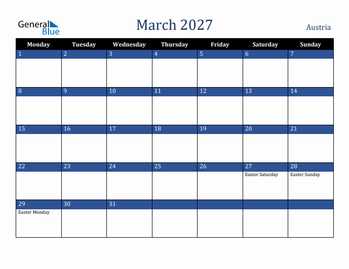 March 2027 Austria Calendar (Monday Start)