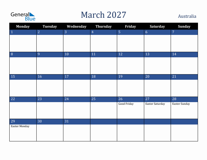 March 2027 Australia Calendar (Monday Start)