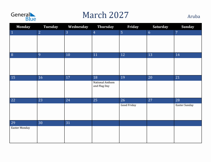 March 2027 Aruba Calendar (Monday Start)