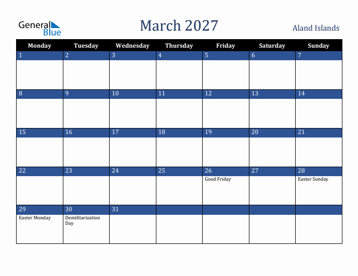 March 2027 Aland Islands Calendar (Monday Start)