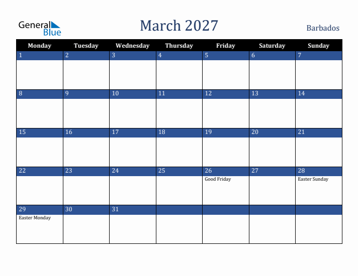 March 2027 Barbados Calendar (Monday Start)