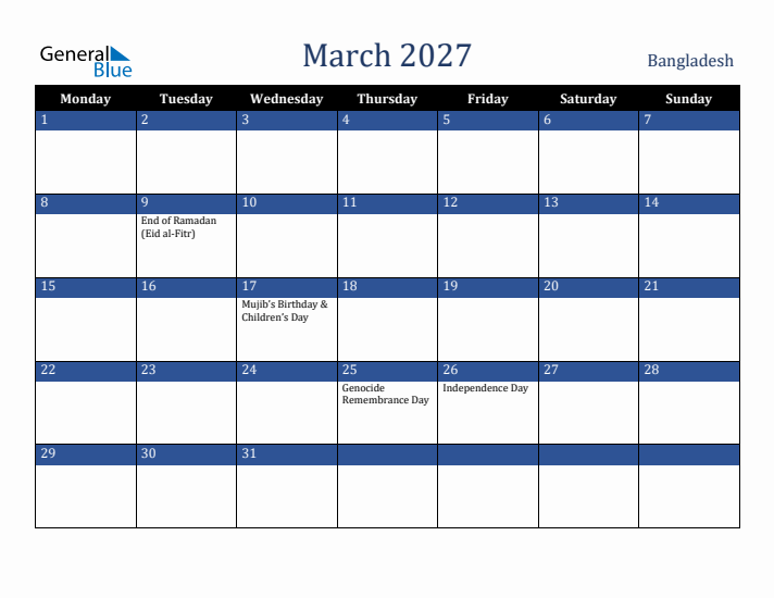 March 2027 Bangladesh Calendar (Monday Start)