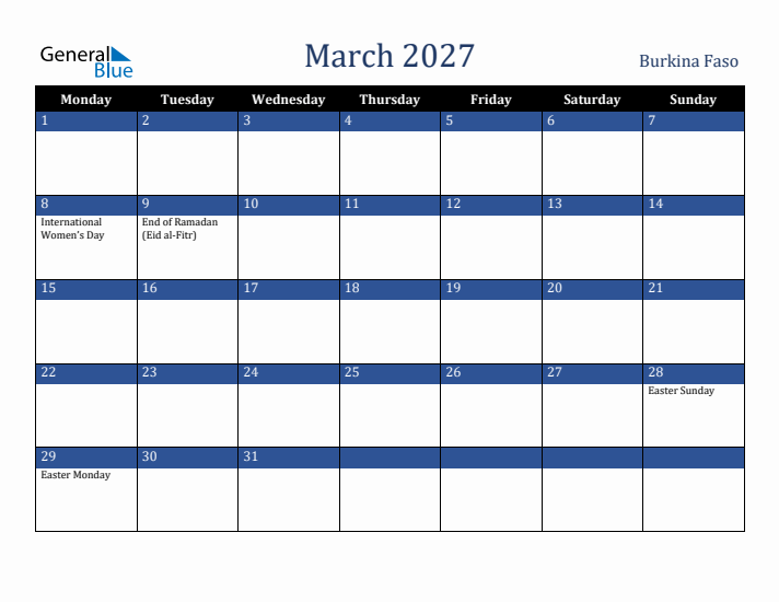 March 2027 Burkina Faso Calendar (Monday Start)