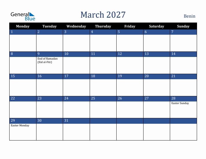 March 2027 Benin Calendar (Monday Start)