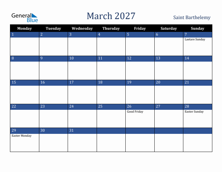 March 2027 Saint Barthelemy Calendar (Monday Start)
