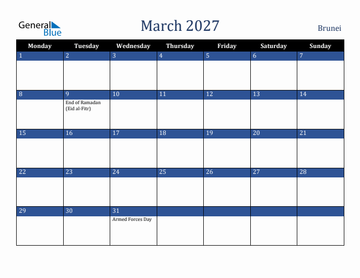 March 2027 Brunei Calendar (Monday Start)