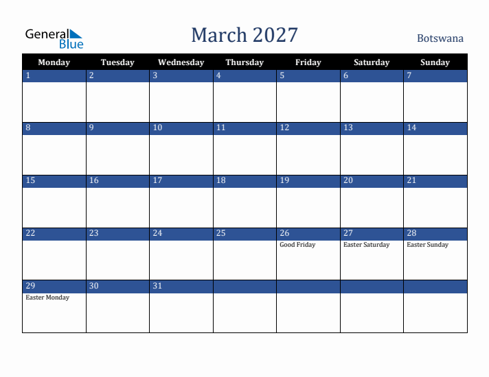 March 2027 Botswana Calendar (Monday Start)