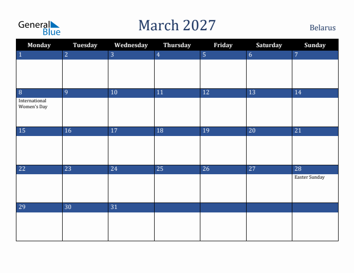 March 2027 Belarus Calendar (Monday Start)