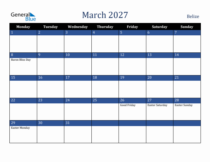 March 2027 Belize Calendar (Monday Start)