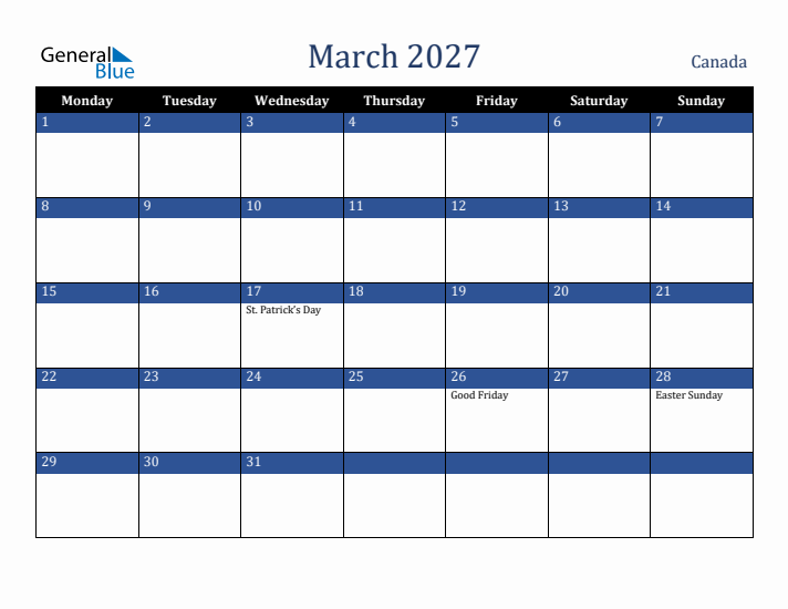 March 2027 Canada Calendar (Monday Start)