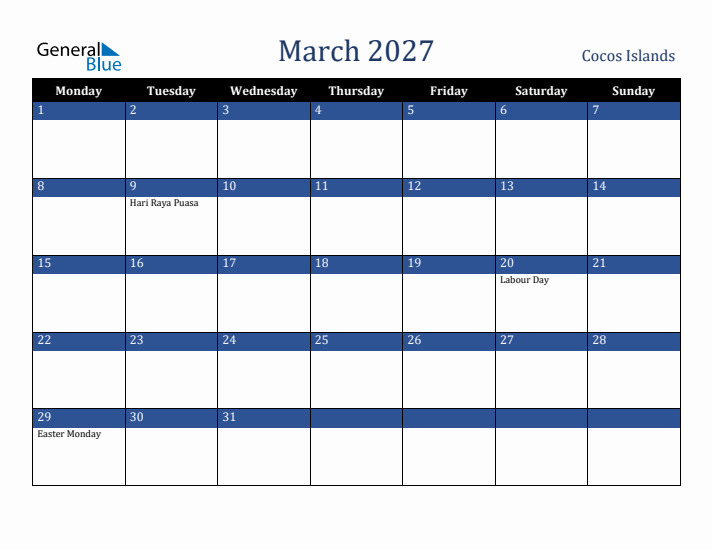 March 2027 Cocos Islands Calendar (Monday Start)