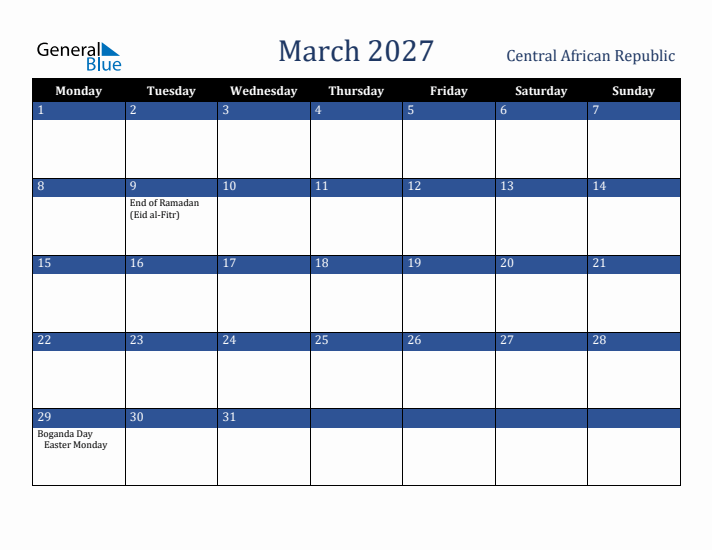 March 2027 Central African Republic Calendar (Monday Start)