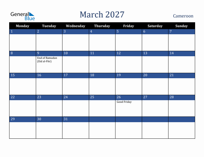 March 2027 Cameroon Calendar (Monday Start)