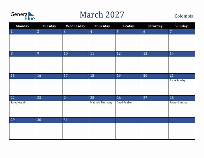 March 2027 Colombia Calendar (Monday Start)