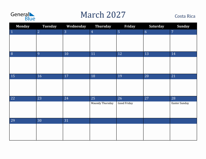 March 2027 Costa Rica Calendar (Monday Start)