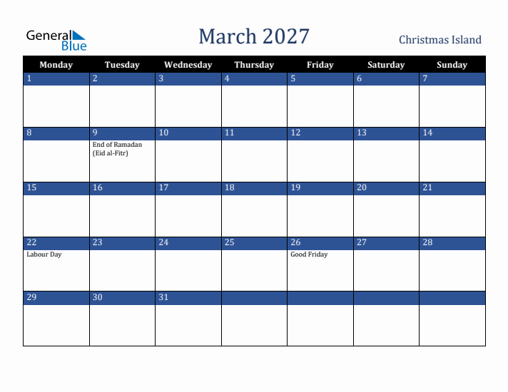 March 2027 Christmas Island Calendar (Monday Start)
