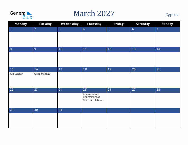 March 2027 Cyprus Calendar (Monday Start)