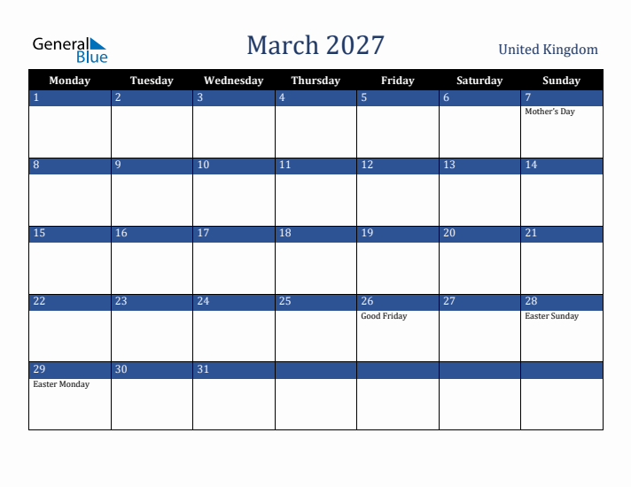 March 2027 United Kingdom Calendar (Monday Start)