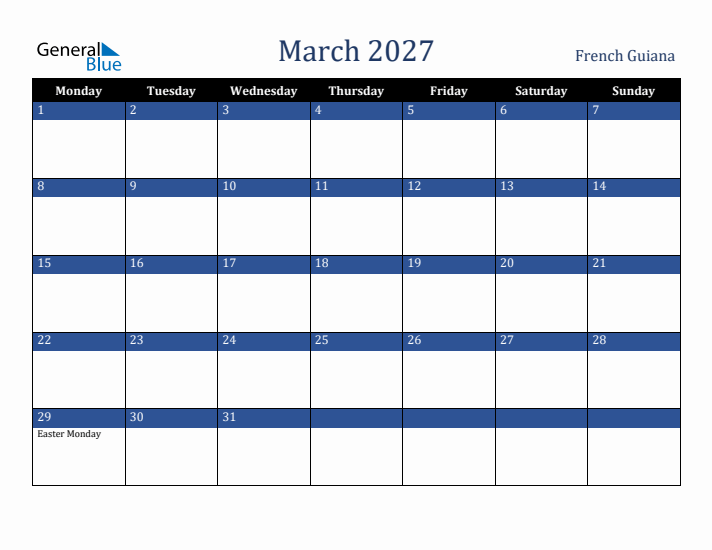 March 2027 French Guiana Calendar (Monday Start)