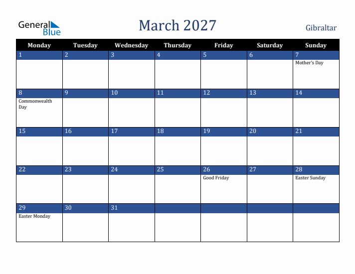 March 2027 Gibraltar Calendar (Monday Start)