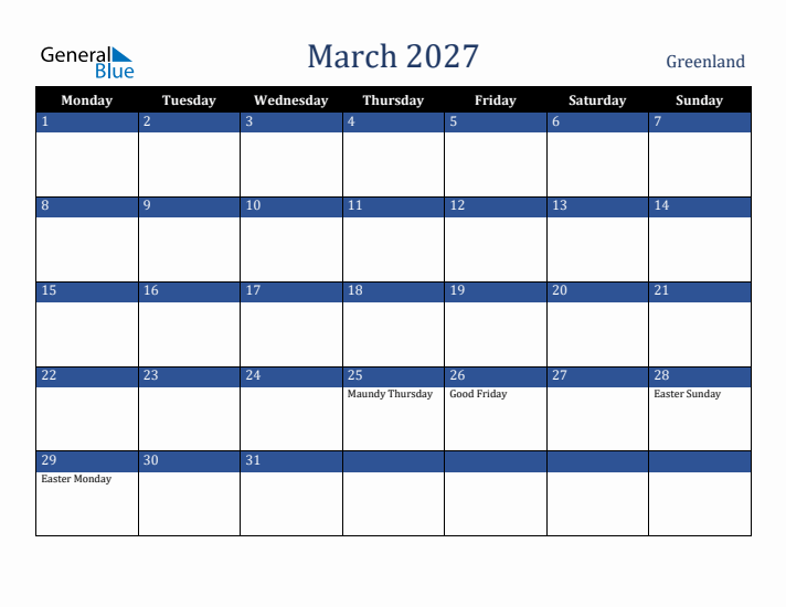 March 2027 Greenland Calendar (Monday Start)