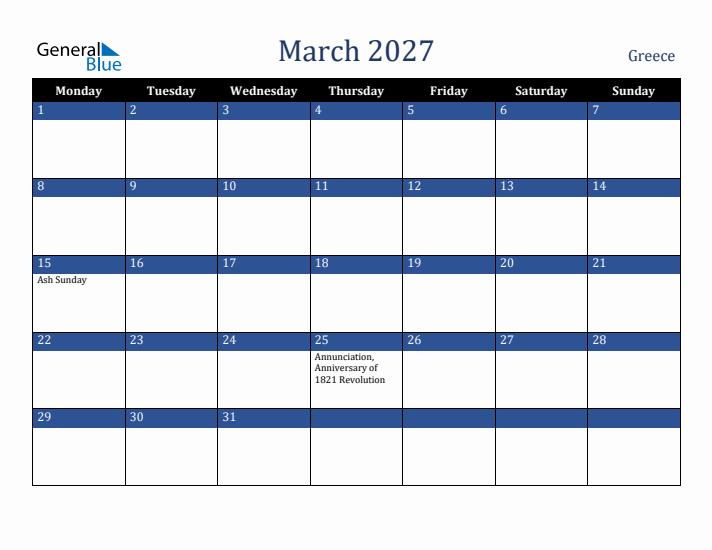 March 2027 Greece Calendar (Monday Start)