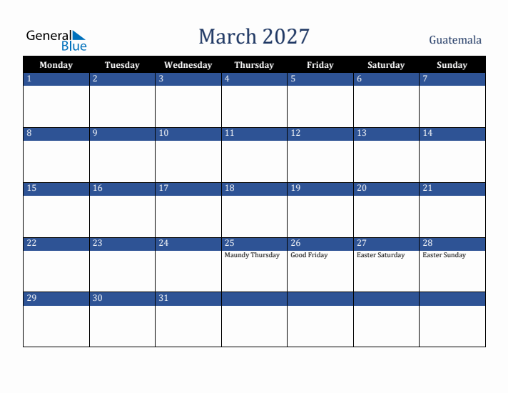 March 2027 Guatemala Calendar (Monday Start)