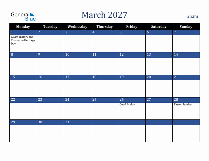March 2027 Guam Calendar (Monday Start)