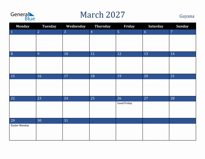 March 2027 Guyana Calendar (Monday Start)