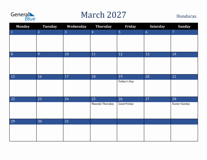 March 2027 Honduras Calendar (Monday Start)