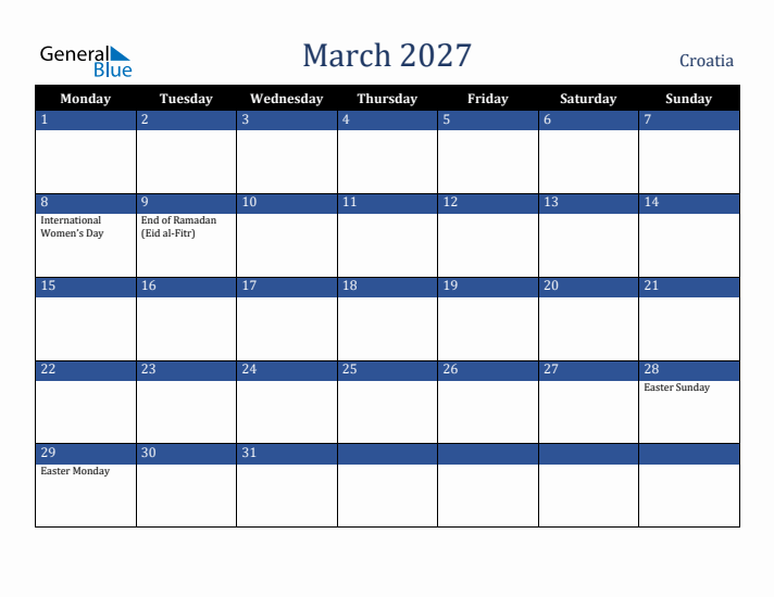 March 2027 Croatia Calendar (Monday Start)