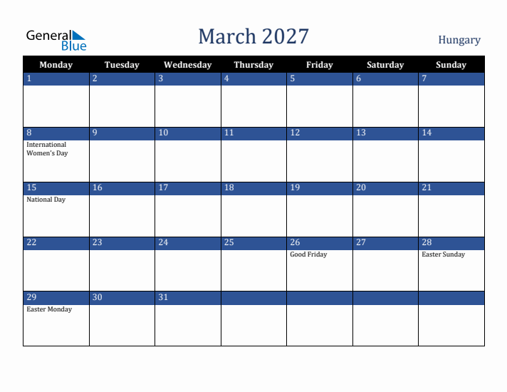 March 2027 Hungary Calendar (Monday Start)