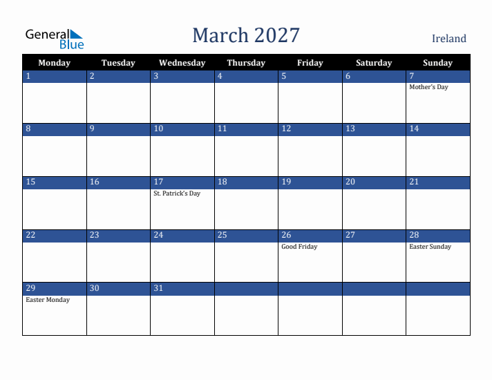 March 2027 Ireland Calendar (Monday Start)