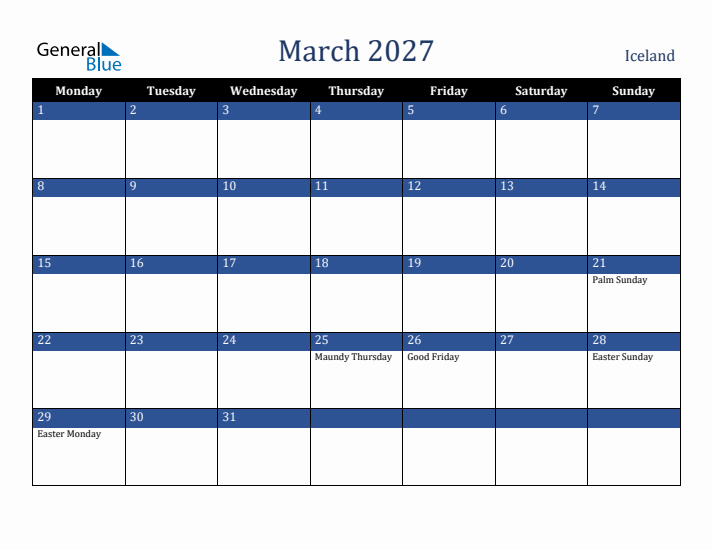 March 2027 Iceland Calendar (Monday Start)