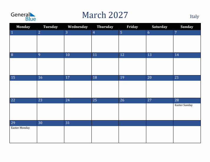 March 2027 Italy Calendar (Monday Start)