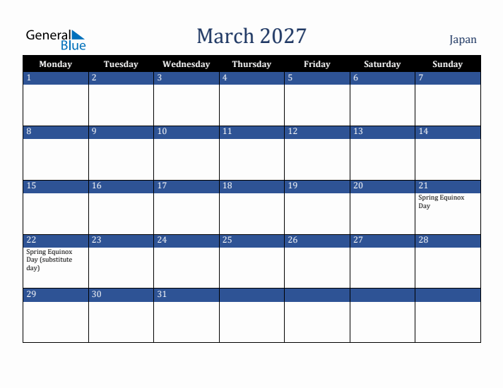 March 2027 Japan Calendar (Monday Start)