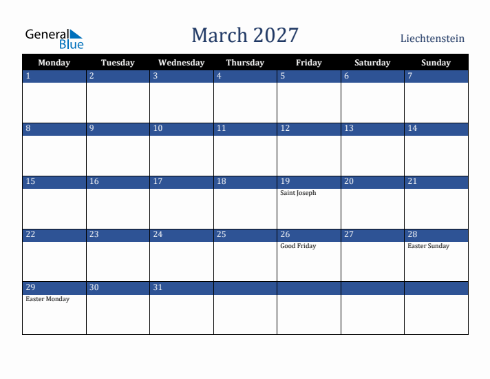 March 2027 Liechtenstein Calendar (Monday Start)