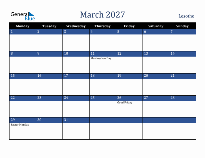 March 2027 Lesotho Calendar (Monday Start)