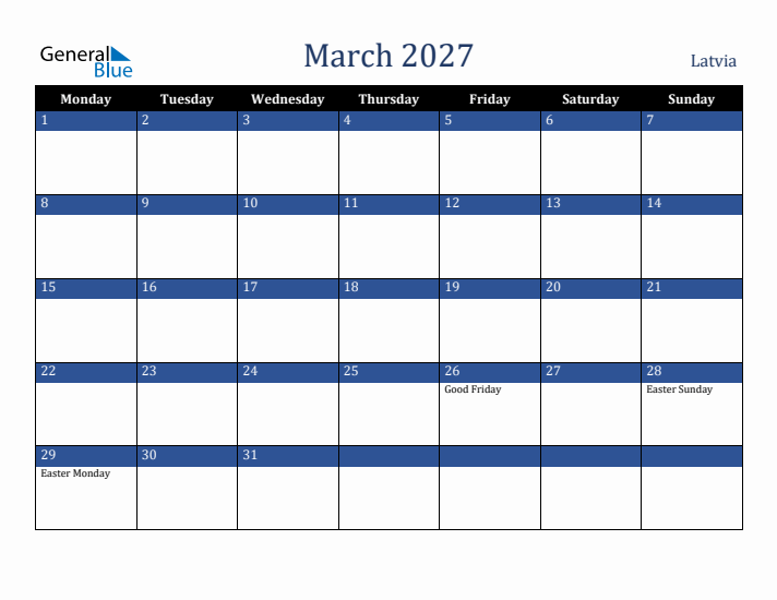 March 2027 Latvia Calendar (Monday Start)