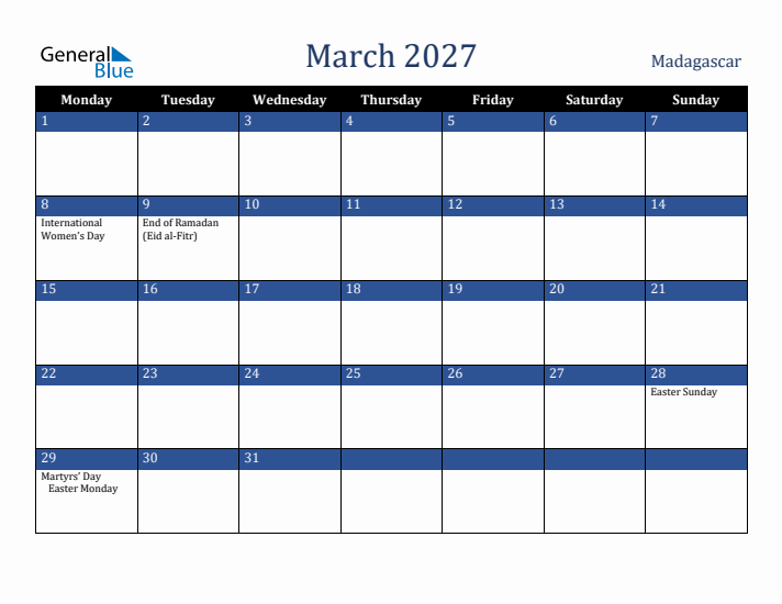 March 2027 Madagascar Calendar (Monday Start)