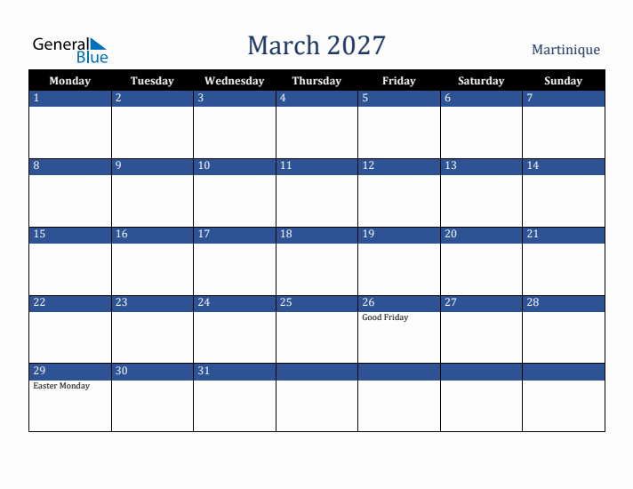 March 2027 Martinique Calendar (Monday Start)
