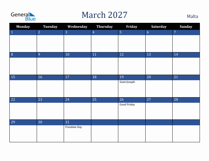 March 2027 Malta Calendar (Monday Start)