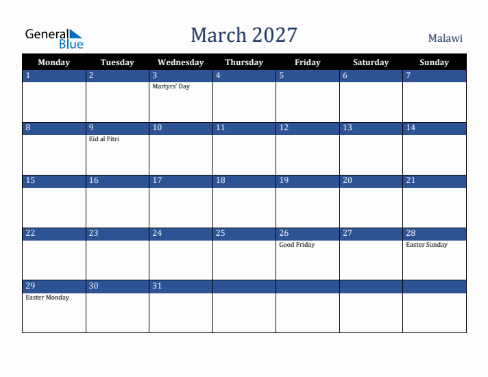 March 2027 Malawi Calendar (Monday Start)